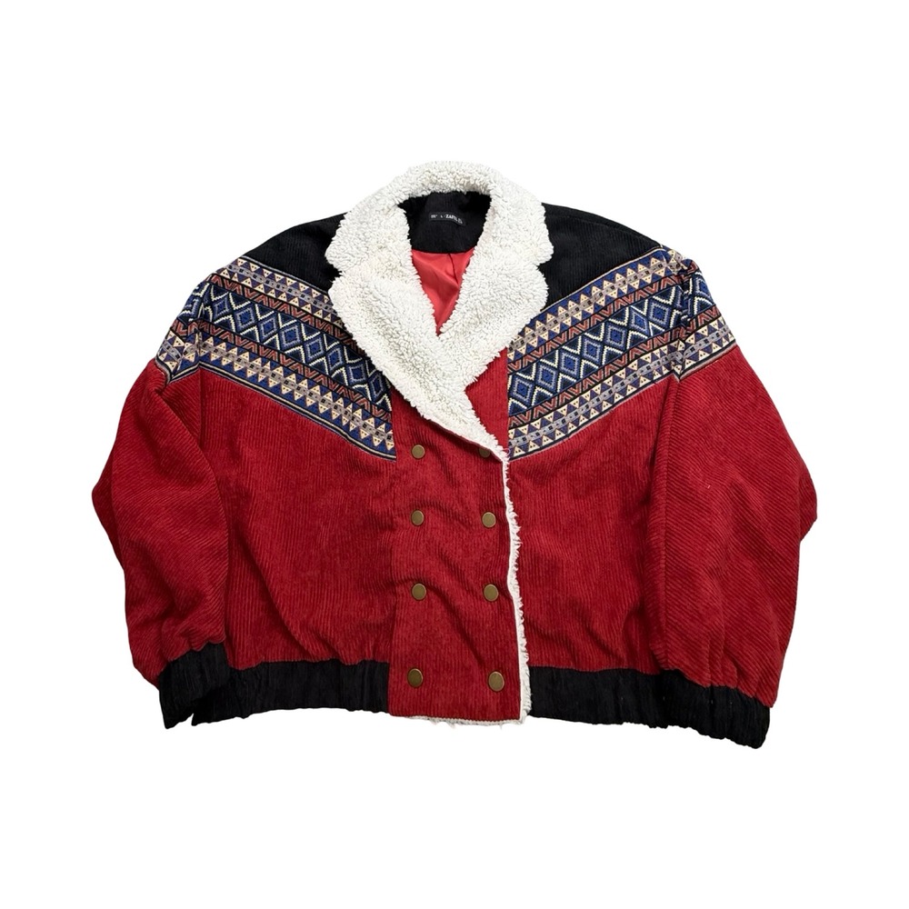Zaful Corduroy Bomber Jacket Womens L Red Black Geometric Western